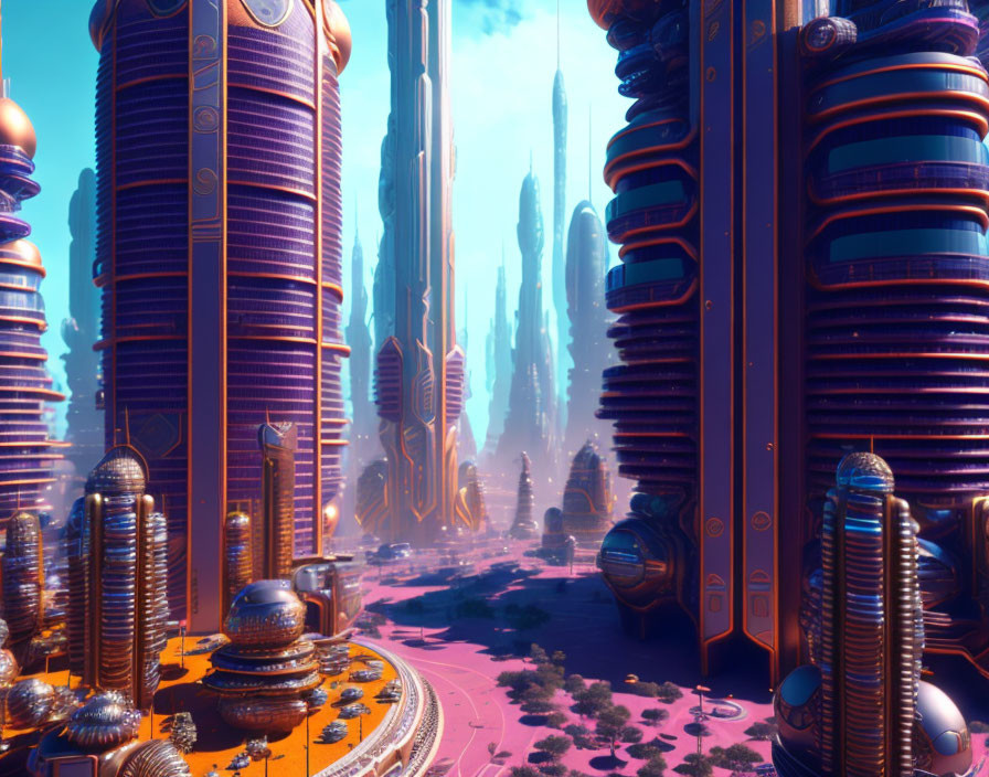 Futuristic cityscape with towering skyscrapers and spherical structures