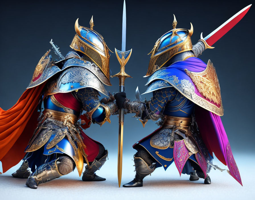 Animated knights in ornate armor with red and blue capes duel with crossed swords