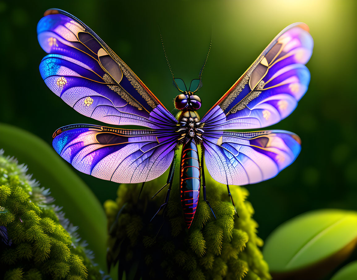 Colorful Dragonfly with Blue and Purple Translucent Wings on Green Foliage