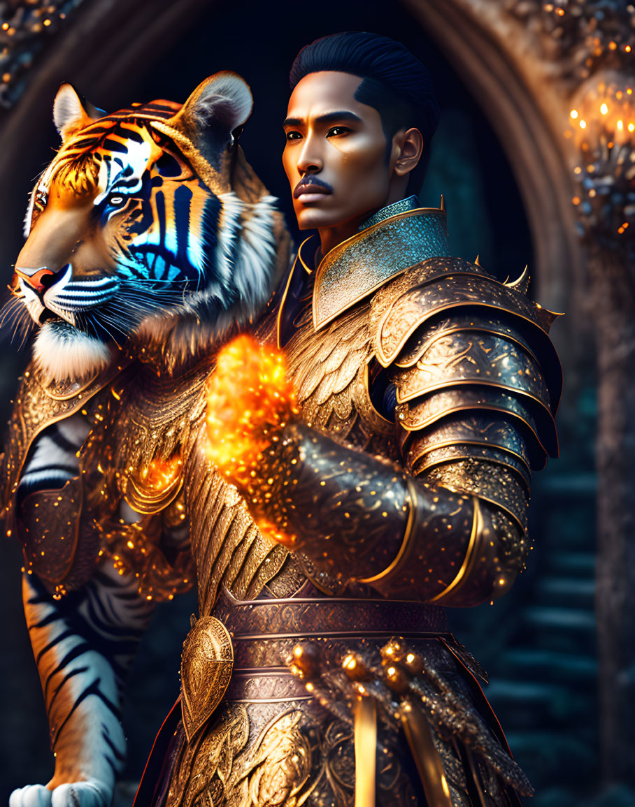 Fantasy scene: man in ornate armor with tiger, both exuding regal power