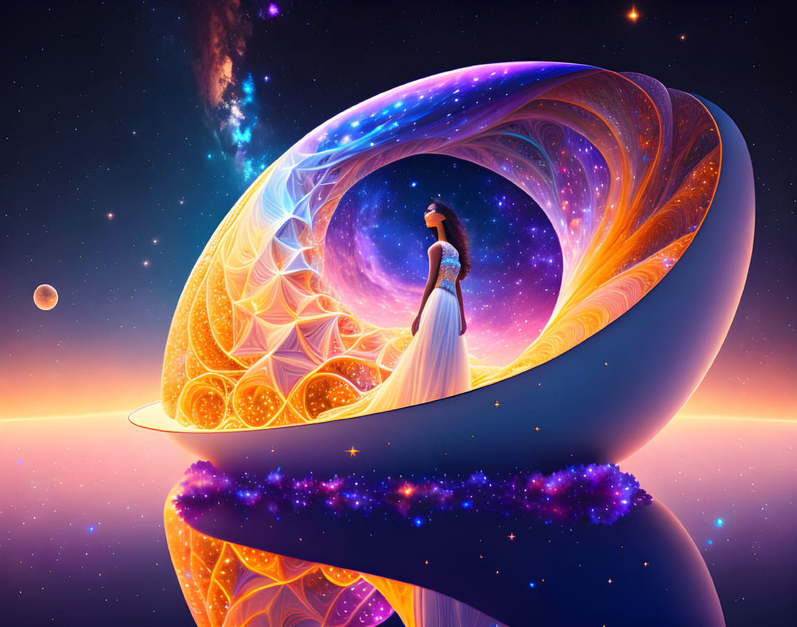 Woman in elegant gown on surreal cosmic swirl structure against vibrant space backdrop