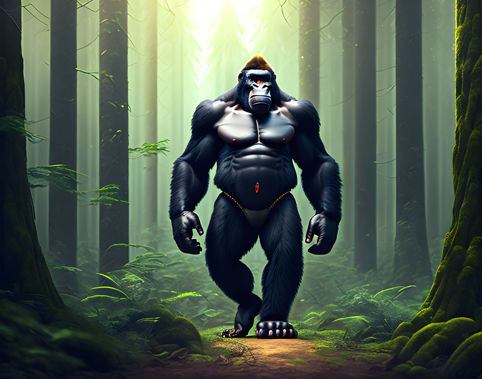 Muscular gorilla in misty forest with sunbeams