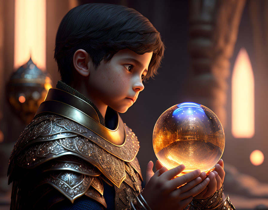 Medieval boy in armor with glowing orb in castle hallway