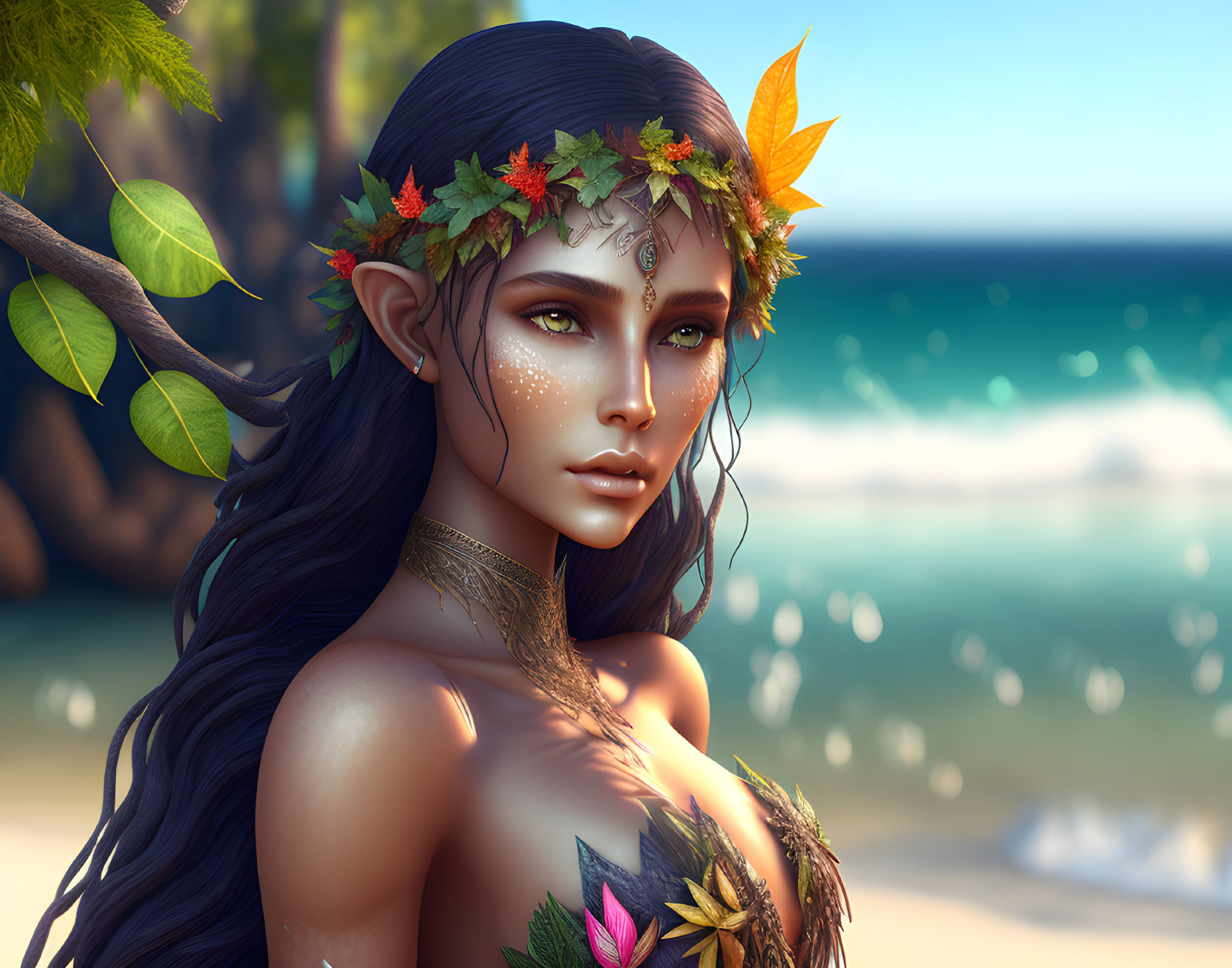 Fantasy female character with leafy crown and ocean backdrop