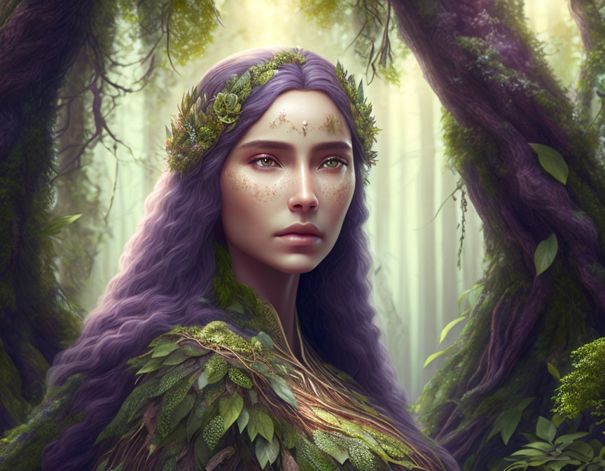 Fantasy portrait of woman with purple hair in mystical forest