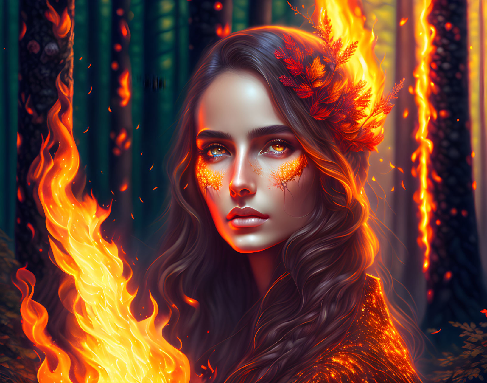 Digital artwork: Woman with fiery hair, golden glitter, flames in mystical forest