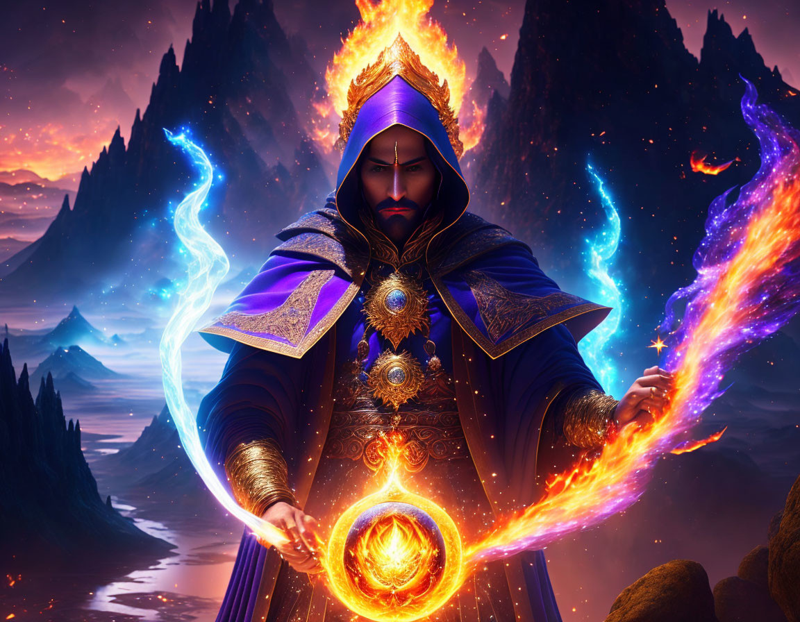 Fantasy wizard in blue robe wields fiery magic against mountain backdrop