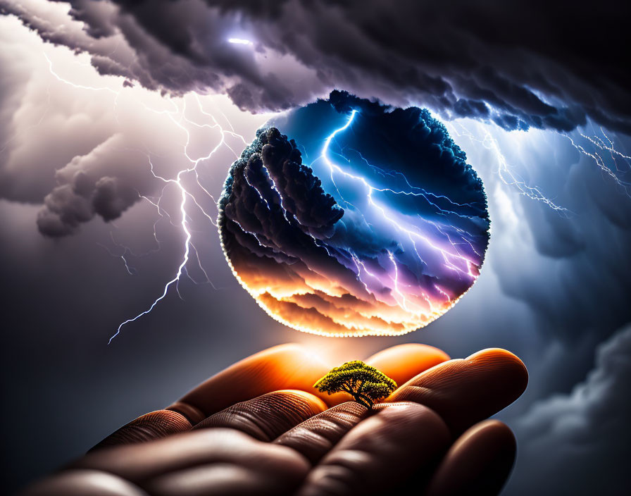 Surreal image: hand holding small tree under stormy sky with lightning