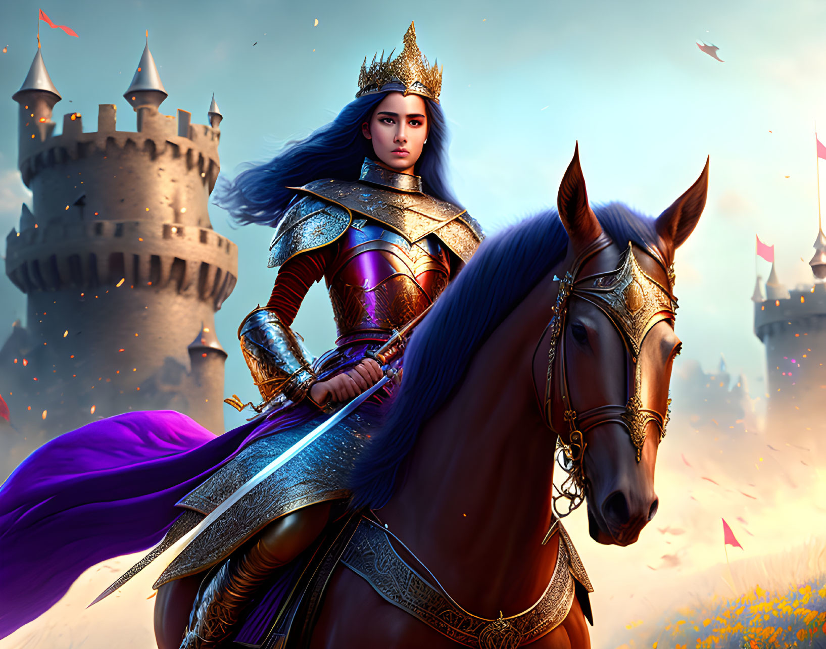 Regal warrior queen on horseback in gleaming armor with purple cape, castle backdrop, twilight sky