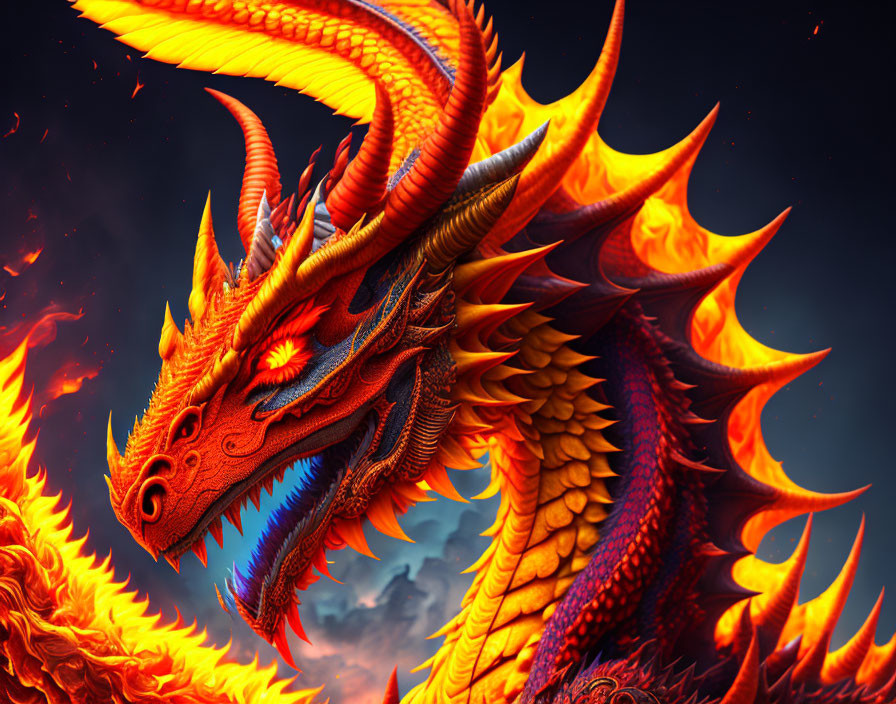 Colorful Dragon with Detailed Scales on Fiery Background