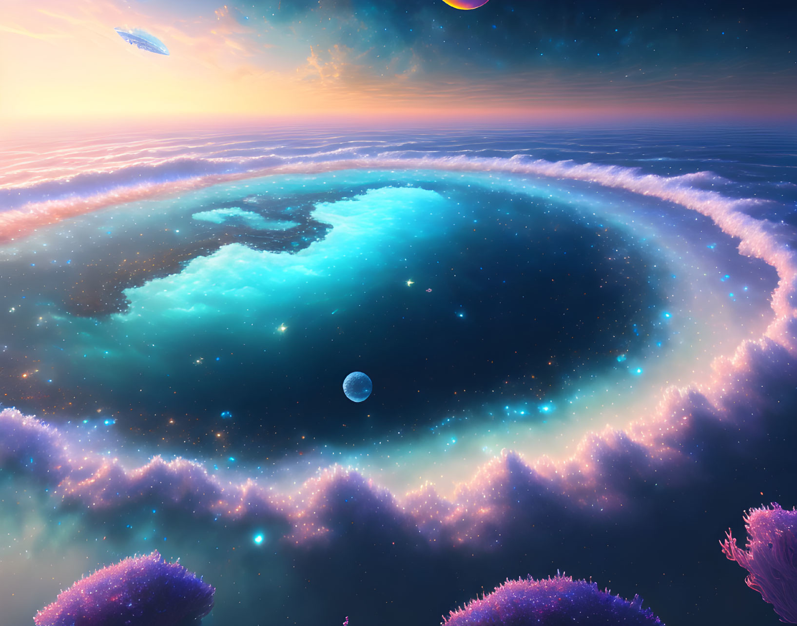 Ring-shaped ocean surrounded by clouds, planets, stars, and spaceship in surreal cosmic scene