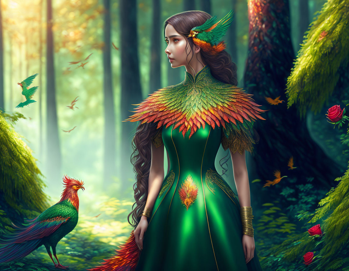 Fantasy illustration of woman with bird-like features in lush forest wearing green dress with feathered accents.