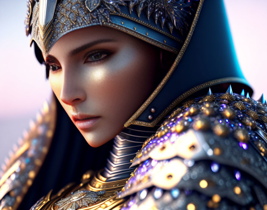 Detailed close-up of woman in ornate armor with blue gemstones and helmet on soft-focus background