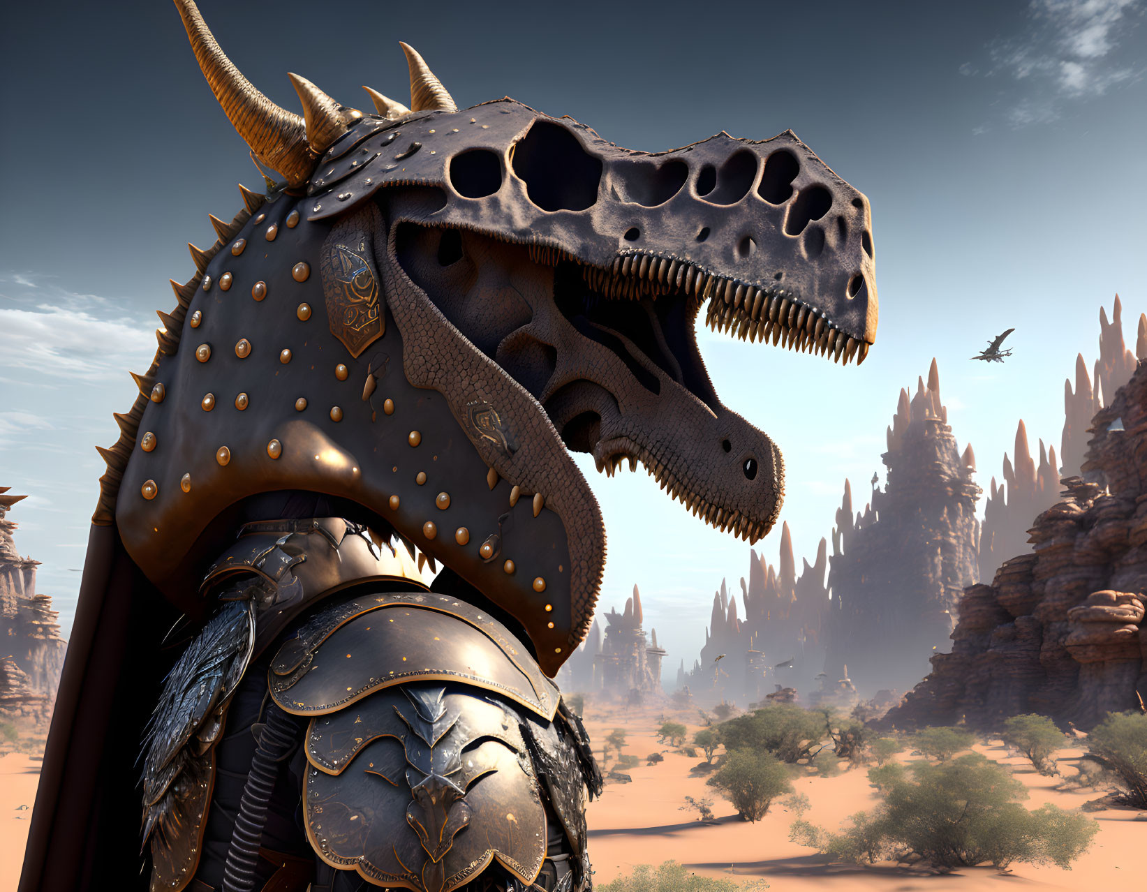 Armored dragon with spiked helmet in desert landscape