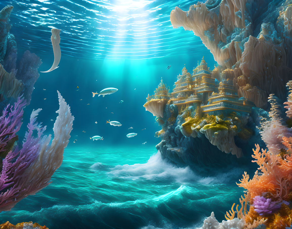 Colorful Coral and Castle in Sunlit Underwater Fantasy Landscape