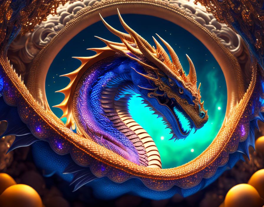 Blue Dragon in Circular Frame on Turquoise Background