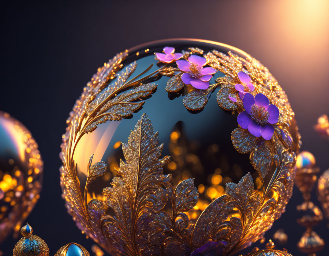 Ornate golden sphere with floral elements in warm light on dark blue background