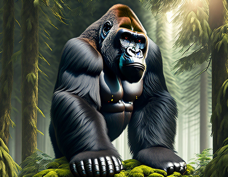 Majestic gorilla in foggy forest with piercing light