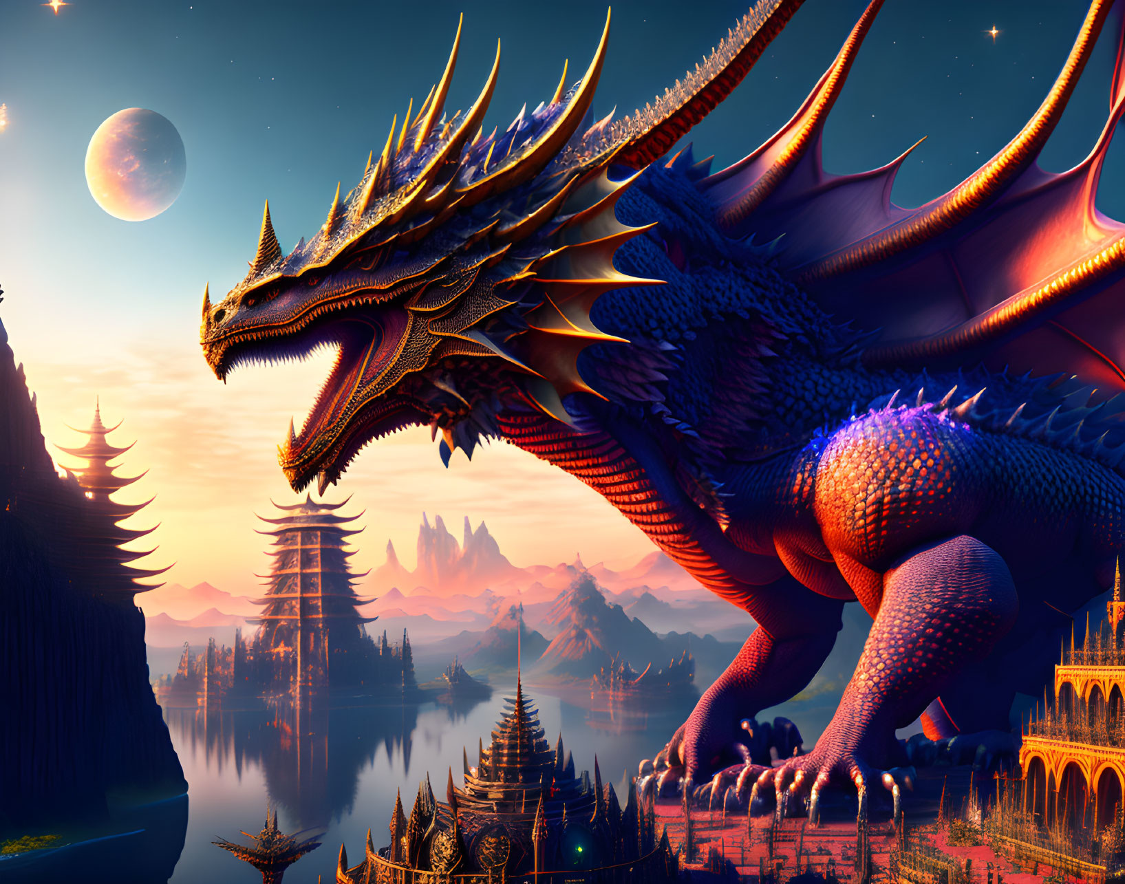 Dragon perched on mountain overlooking pagoda-studded landscape at twilight