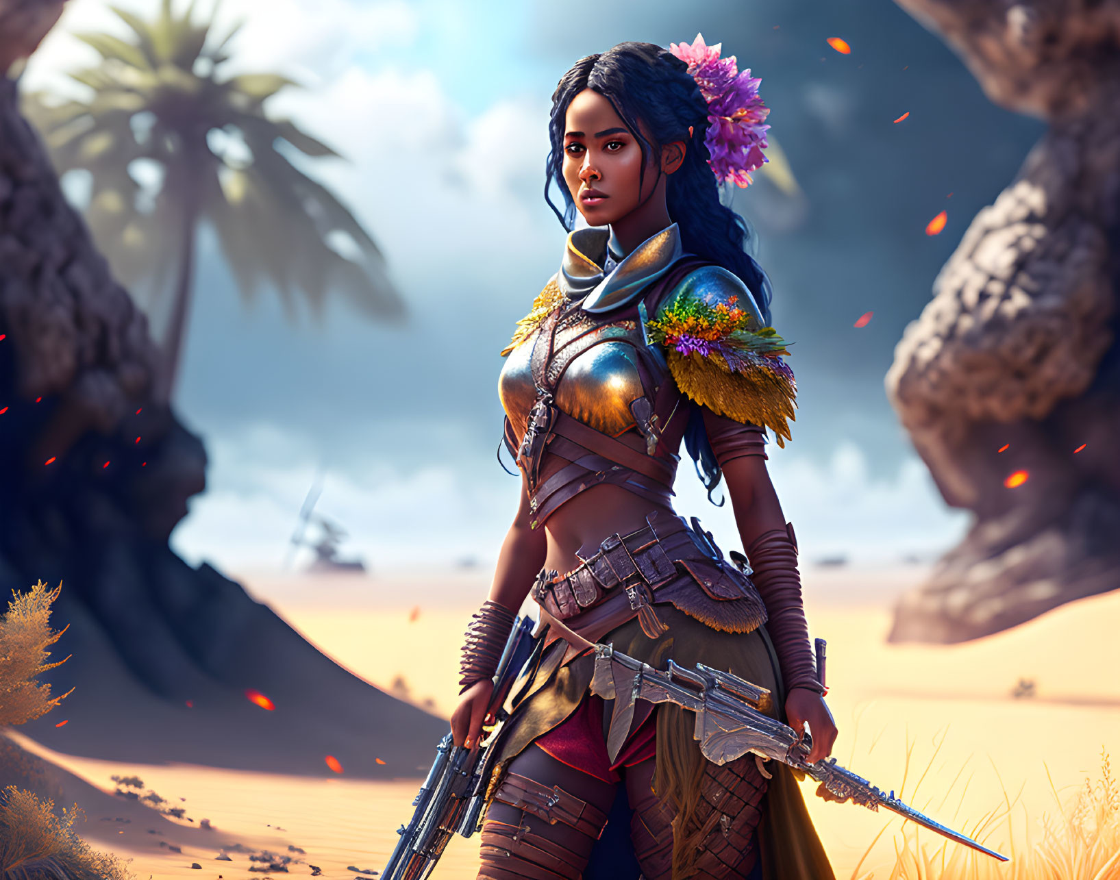 Female warrior in desert fantasy setting with flower-adorned armor and sword