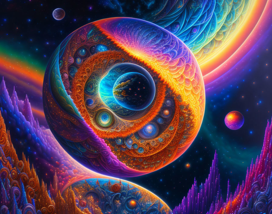 Colorful Psychedelic Cosmic Scene with Swirling Patterns