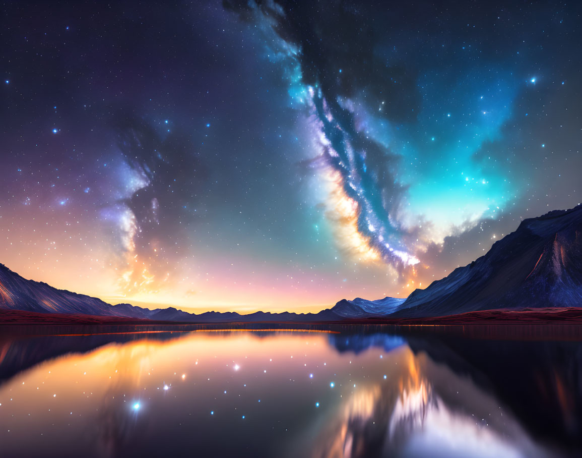 Tranquil night landscape with starlit sky, lake, and mountains