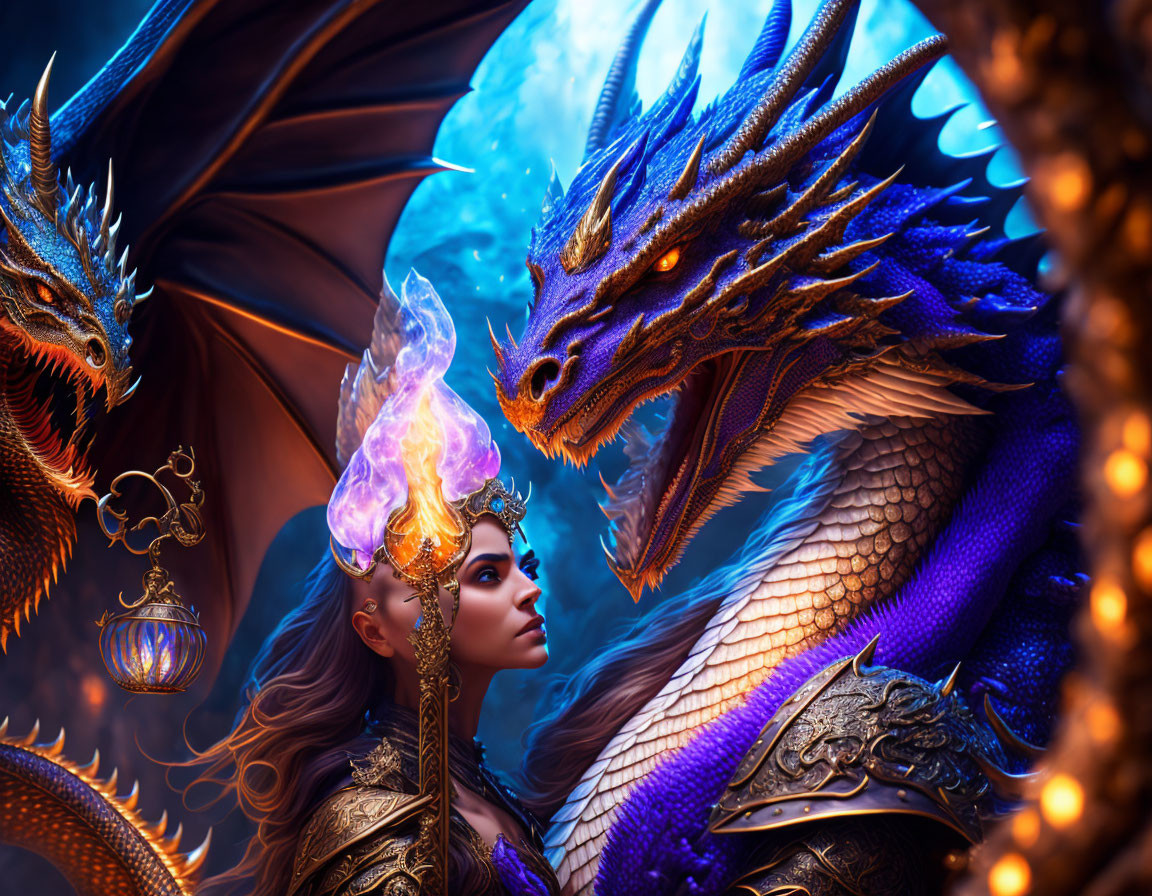 Woman with flame-like crown near majestic blue dragon in intricate golden details and mystical blue glow