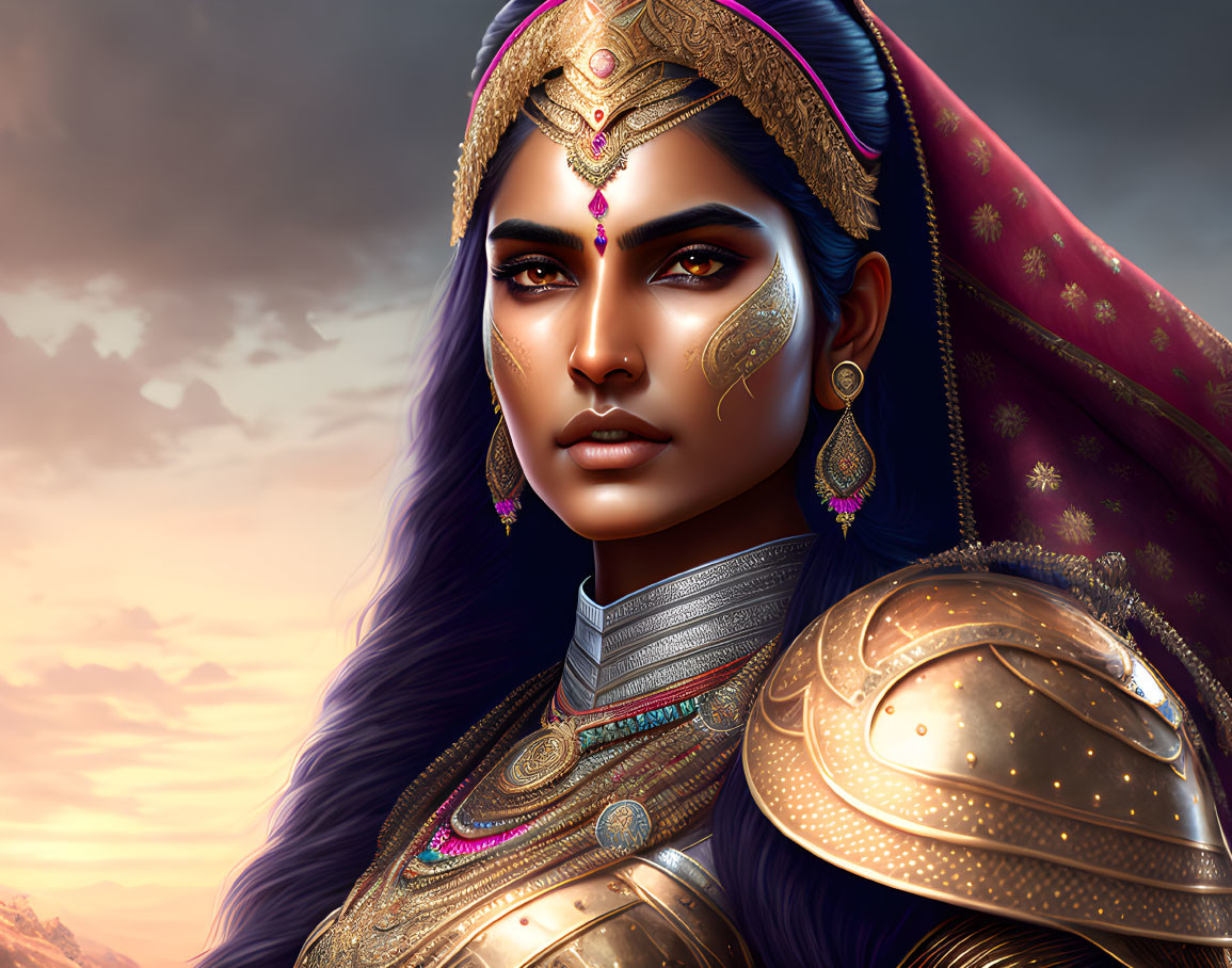 Digital Artwork: Woman in Indian Jewelry and Armor at Sunset