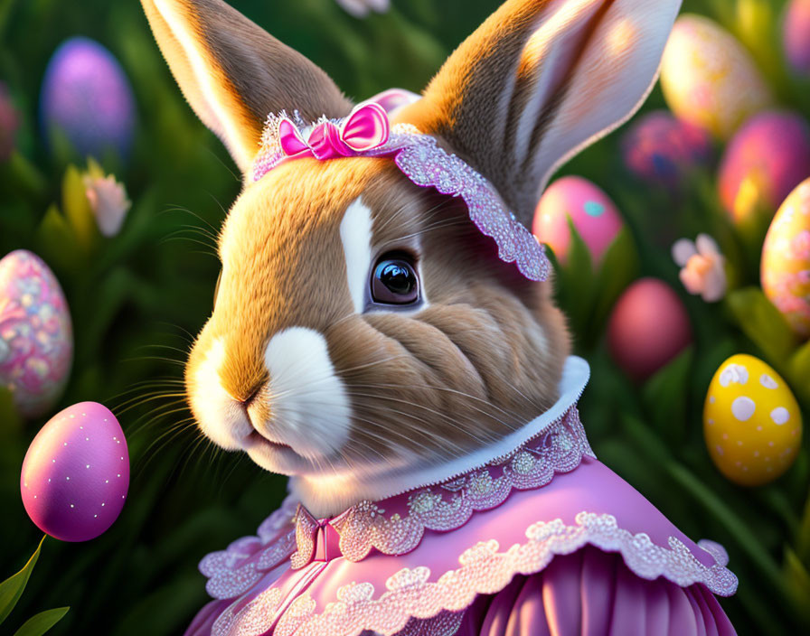 Anthropomorphic rabbit in pink dress with Easter eggs in meadow