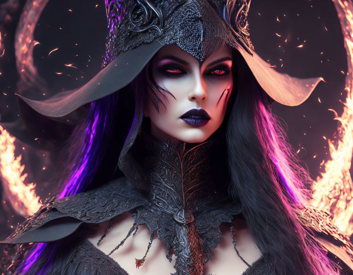 Dark Gothic Fantasy Portrait with Purple Hair Highlights and Fiery Circle