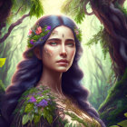 Fantasy portrait of woman with purple hair in mystical forest