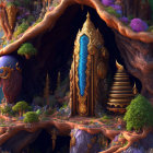 Fantasy landscape with glowing tower in giant tree hollow