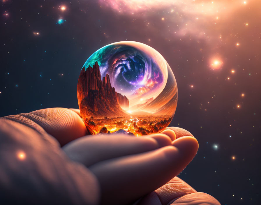 Crystal ball held in hand reflects surreal cosmic landscape