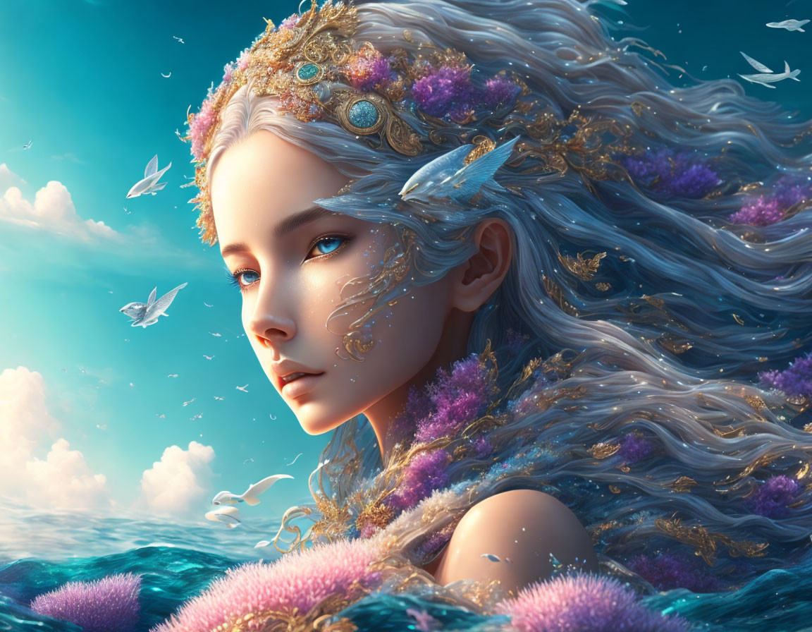 Ethereal woman with silver hair and butterflies in serene waterscape