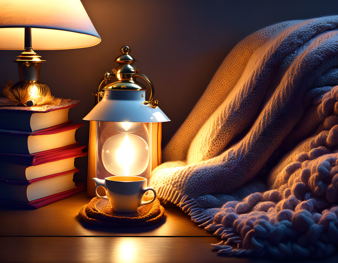 Cozy scene with glowing lantern, tea, books, blanket under lamp light