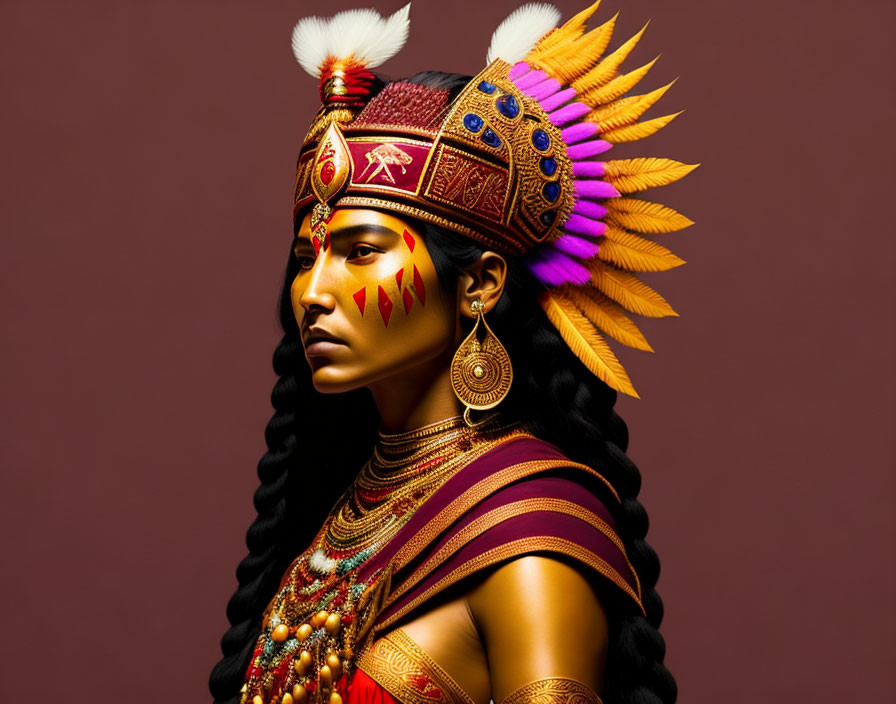 Traditional Indigenous Attire with Feathered Headdress and Jewelry