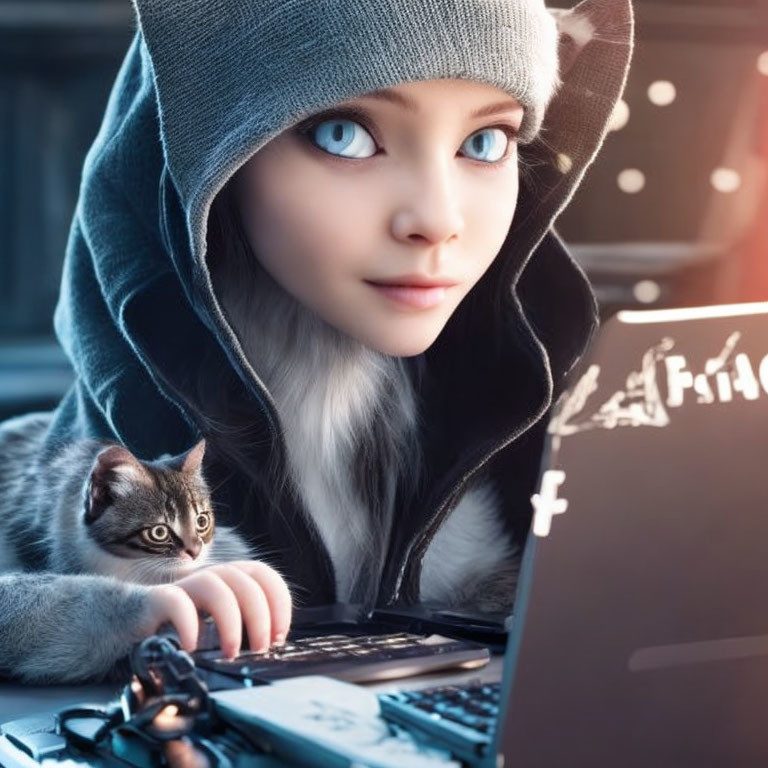 Person with large animated eyes in hood using laptop with small cat