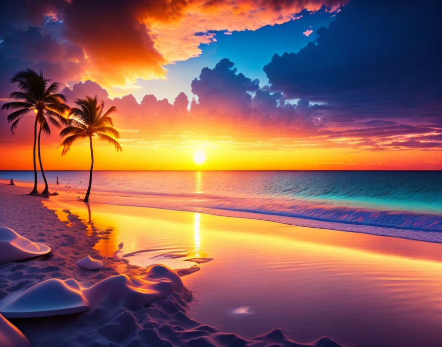 Scenic sunset beach with palm trees and tranquil sea