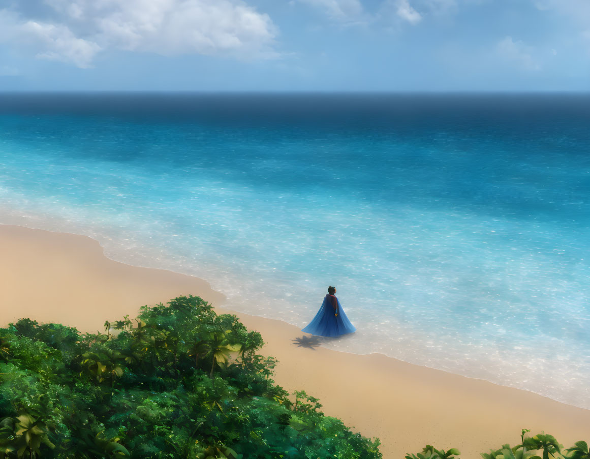 Person in blue dress on sandy beach with turquoise sea, greenery, and cloudy sky