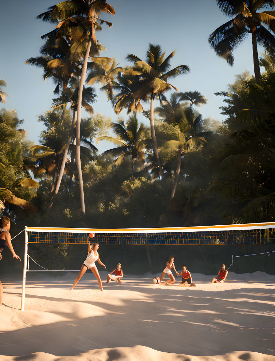 Tropical beach scene with volleyball players at sunset