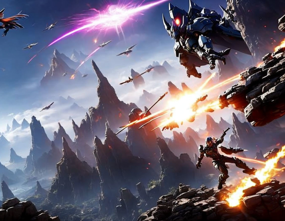 Armored warriors battle with flying crafts in futuristic landscape