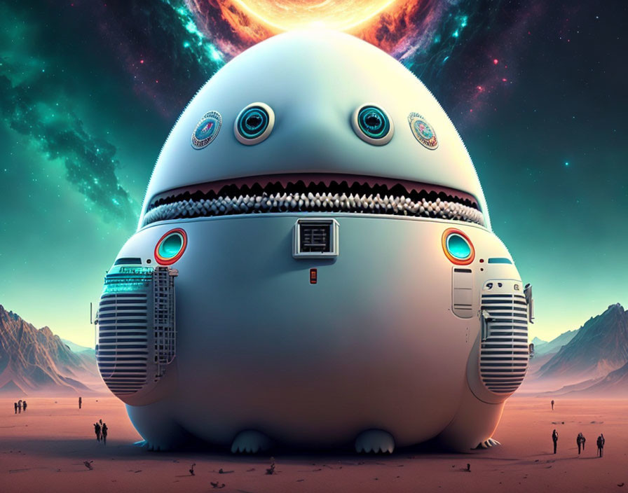 Surreal digital artwork of colossal egg-shaped structure in desert landscape