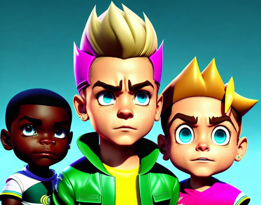 Three animated characters with exaggerated features and unique hairdos in green jacket.