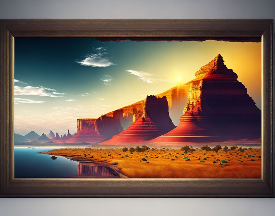 Sunset over desert mesas reflected in serene water