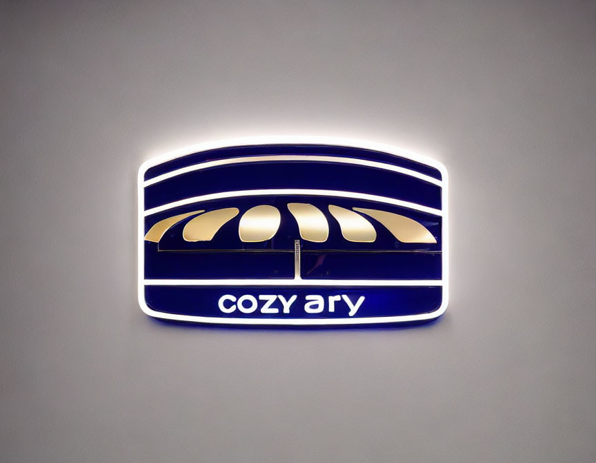Neon sign on wall: "Cozy ary" in lowercase with yellow umbrella graphic