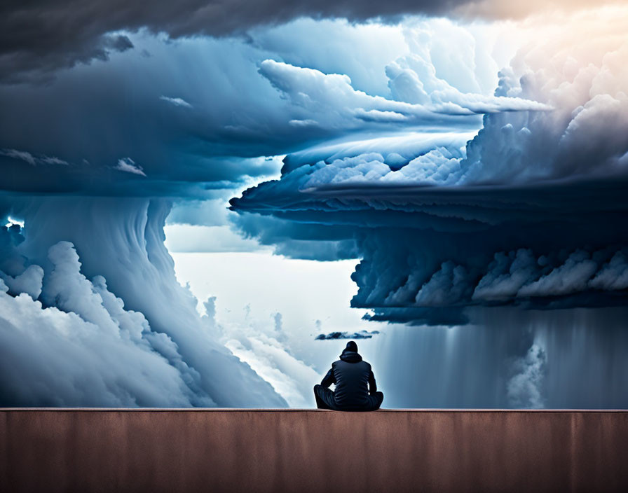 Person Sitting on Ledge Observing Dramatic Sky with Towering Clouds