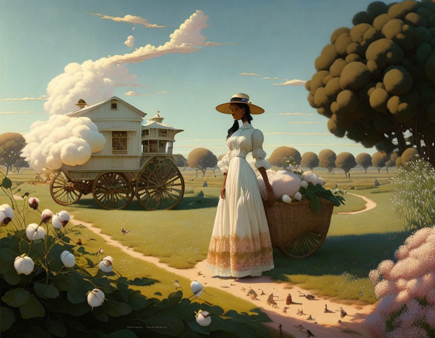 Vintage-clad woman near cotton field and house on wheels under clear sky