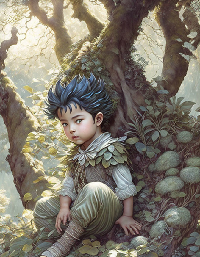 Child with Blue Hair Surrounded by Giant Tree Roots in Whimsical Illustration