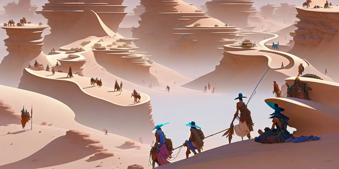 Fantastical desert landscape with travelers and camel-like creatures