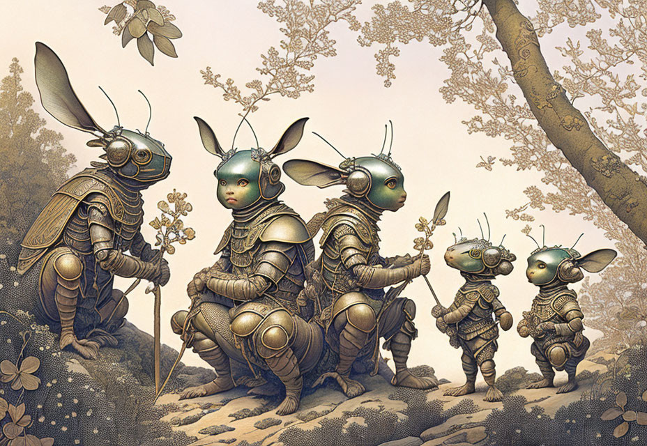 Anthropomorphic insect family in armor against floral backdrop